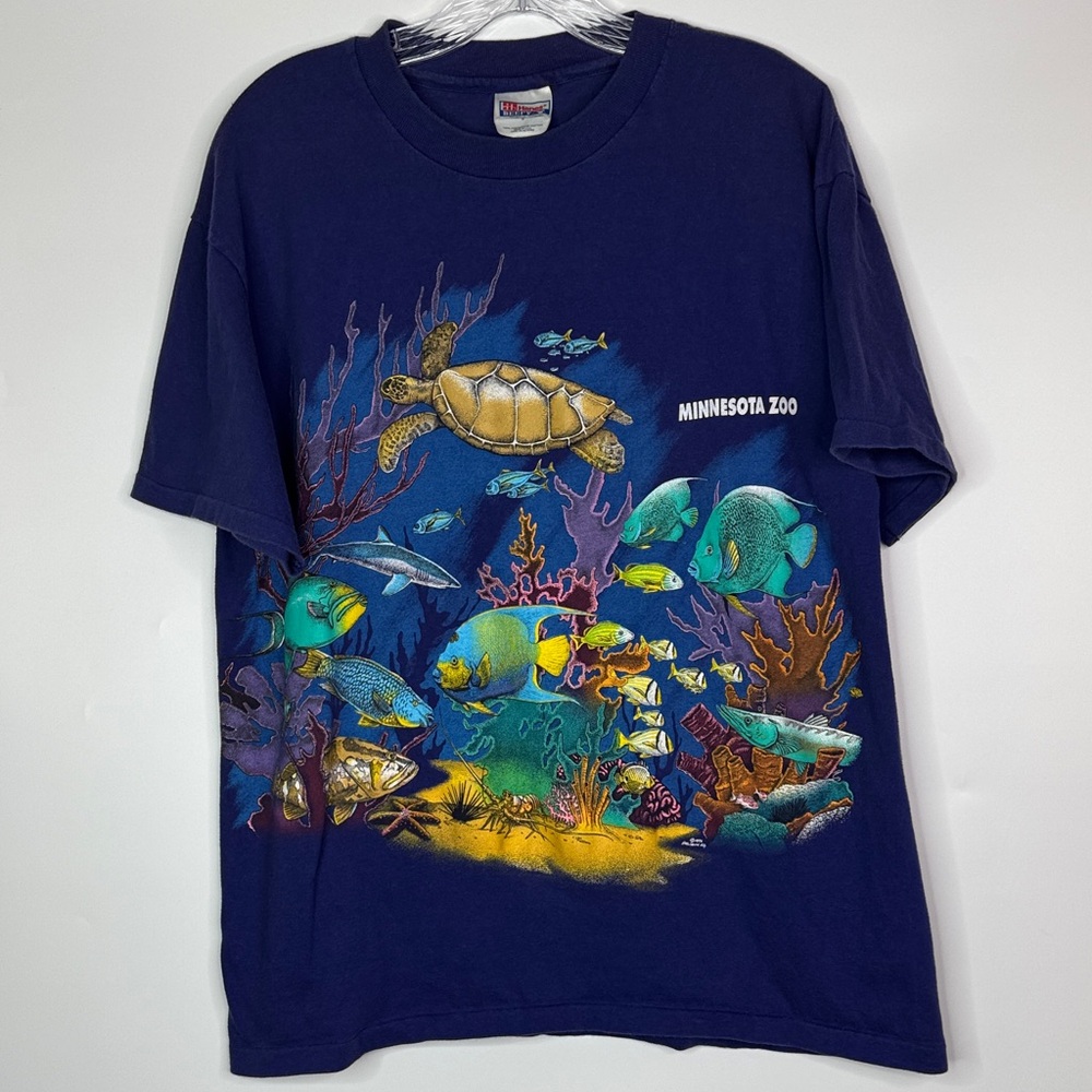 Vintage Hanes Beefy Minnesota Zoo Blue Aquarium Fish Shirt Size Large 1998